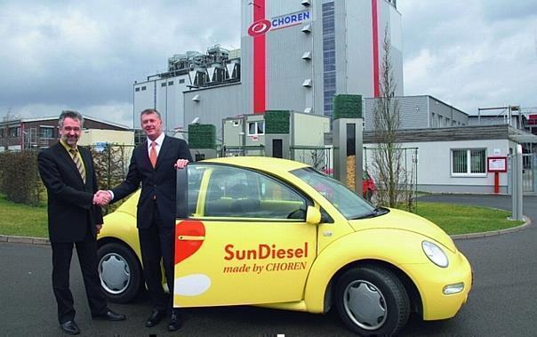 Dr. Wolfgang Steiger (li.), Leiter Antriebe Forschung bei Volkswagen, übergab im März 2008 Choren-Geschäftsführer Tom Blades einen VW New Beetle für die Erprobung von synthetischen Dieselkraftstoffen aus Biomasse. Foto: Auto-Reporter/Volkswagen